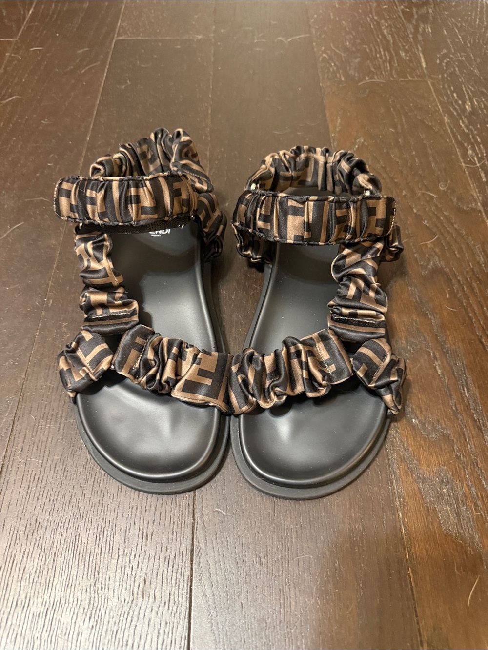 Fendi Black Sandals with Brown FF-Logo Straps